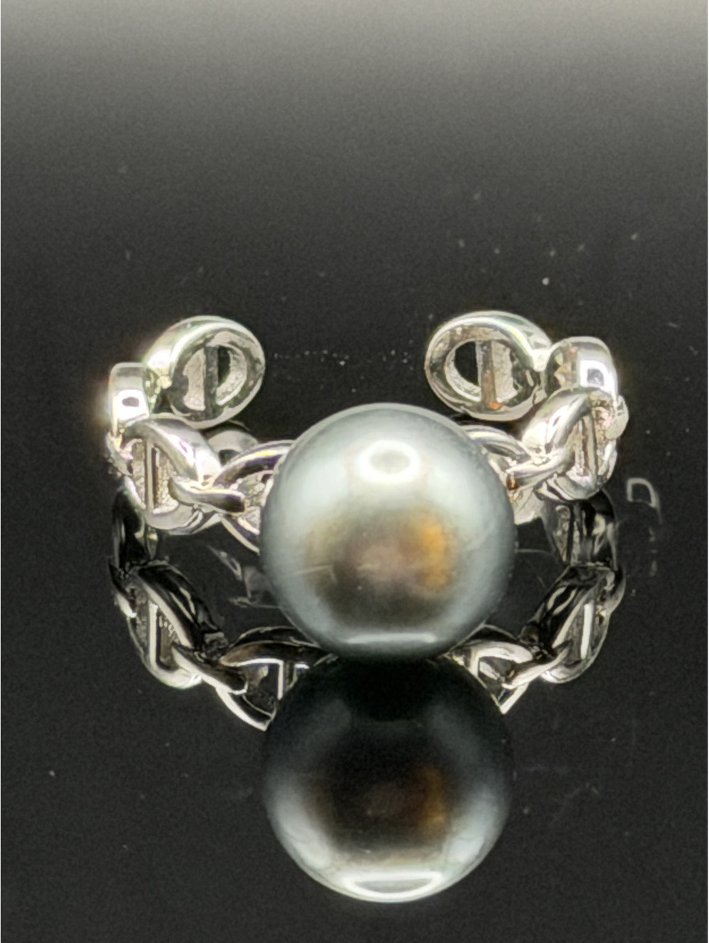9 mm Black Tahitian Mariner Link 18K White Gold Plated Open Band Ring